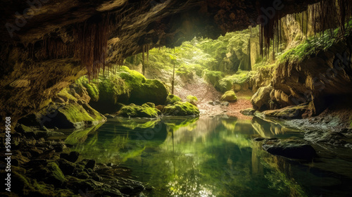 Breathtaking underground cave with lake. Generative AI