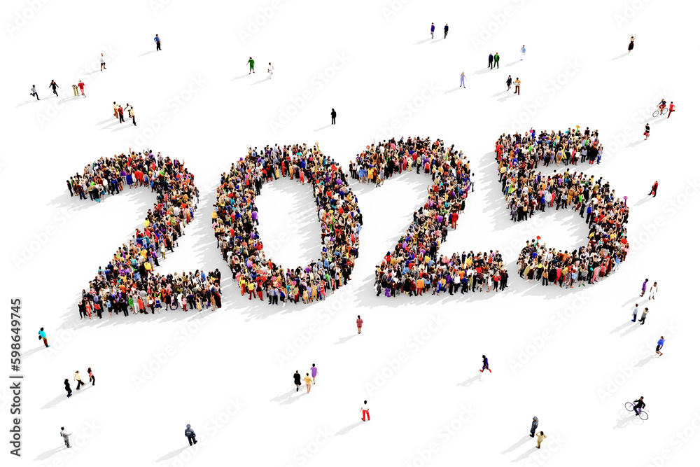 Large and diverse group of people gathered together in the shape of 2025, new year event concept