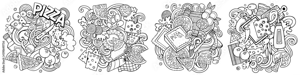 Pizza cartoon vector doodle designs set.