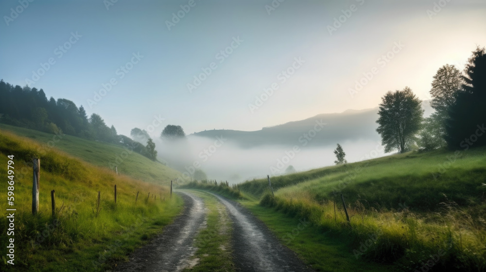 a dirt road in the morning with fog. Generative AI