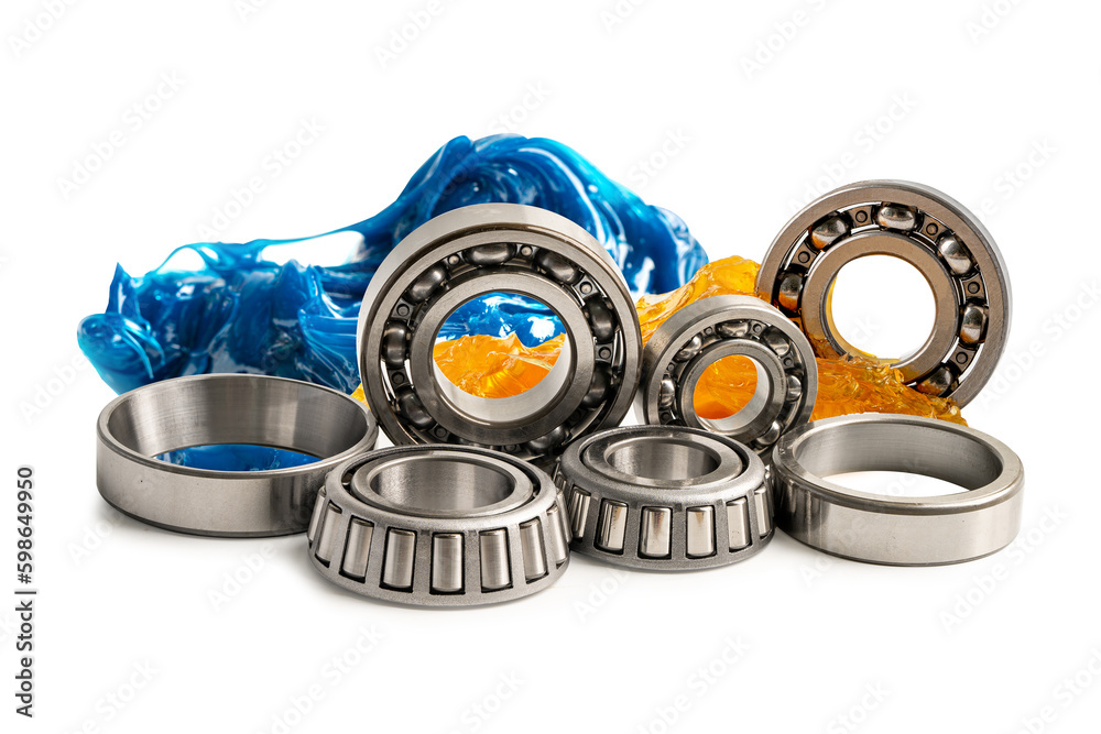 Ball bearing stainless with grease lithium machinery lubrication for automotive and industrial  isolated on white background - obrazy, fototapety, plakaty 