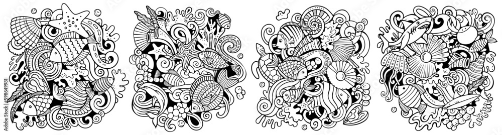 Underwater life cartoon vector doodle designs set. Underwater life cartoon vector doodle designs set.