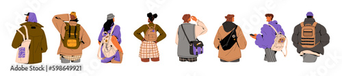 People wearing bags, backpacks set, rear view. Tourists, students with luggage for travel, city, shopping. Men, women backs with packs. Flat graphic vector illustrations isolated on white background