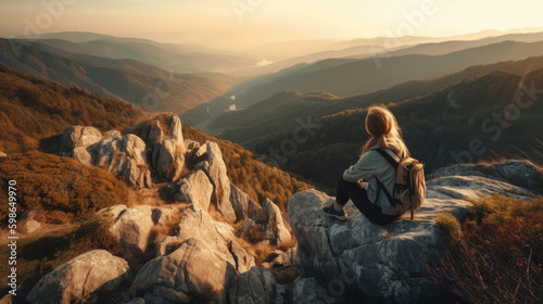 a young woman with a backpack sits on a large stone in the mountains and looks at the sunrise. Generative AI