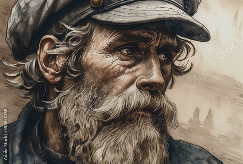 Close up portrait, an experienced and old captain with a strong and stubborn impression. generative AI