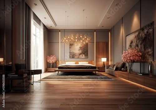 The luxurious bedroom features a large bed against a backdrop of elegant wall paintings  with soft lighting and decorative plants to enhance the mood. AI generated.
