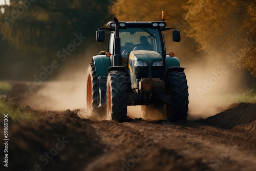 Farming Efficiency in Action. Dynamic photo capturing a tractor hard at work on the ground for a new harvest on the farm. Agriculture concept AI Generative
