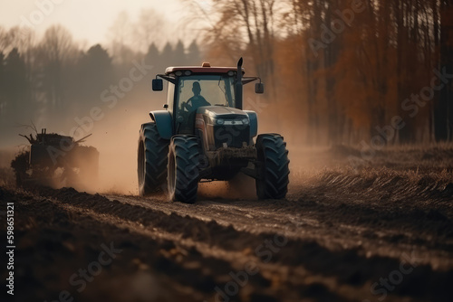 Farming Efficiency in Action. Dynamic photo capturing a tractor hard at work on the ground for a new harvest on the farm. Agriculture concept AI Generative