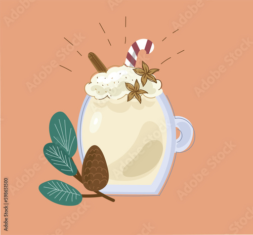  Cup with eggnog drink, cinnamon,milk  and egg. Flat vector design for card or banner.