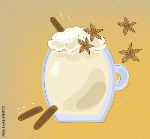  Cup with eggnog drink, cinnamon,milk  and egg. Flat vector design for card or banner.