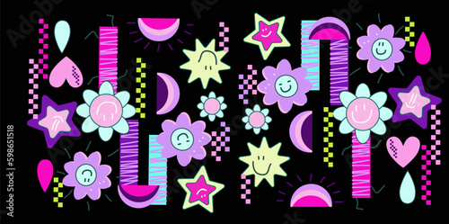 Set of cool groovy flower and star Y2k style  Nostalgia for the 2000 years. vector illustration.