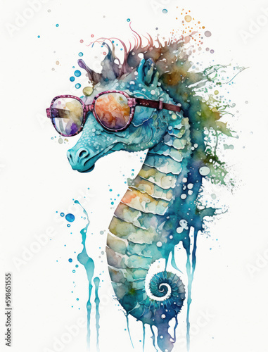 Watercolor Sea Horse with Sun Glasses Illustration Isolated on White Background. Colorful Digital Animal Art