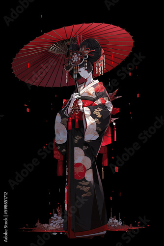 Generative ai. Geisha anime illustration on black background