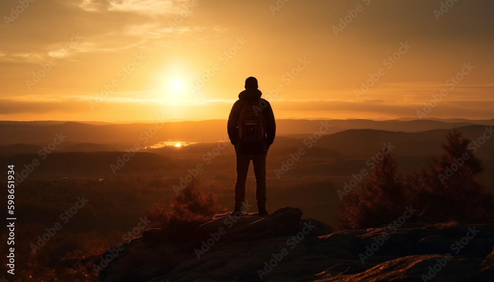Standing silhouette on mountain peak at sunset generated by AI