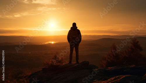 Standing silhouette on mountain peak at sunset generated by AI © djvstock