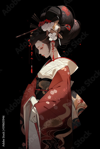Generative ai. Geisha anime illustration on black background