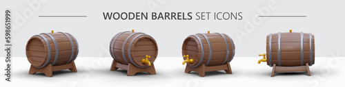 3D set of beer barrels. Wooden barrels with taps, on stands. Realistic icons for advertising brewing. Rotation of object frame by frame, perspective. Volumetric image for step by step Generative AI