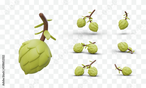 Set 3D images of hop strobiles. Natural raw materials for beer production. Vegetable ingredients for brewing in realistic style. Green sprigs of hops with one and two cones. Isolated Generative AI
