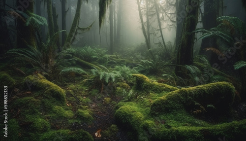 Mystery in nature Spooky foggy forest adventure generated by AI © djvstock