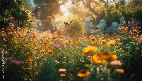Butterfly flying in meadow at sunset generated by AI © djvstock