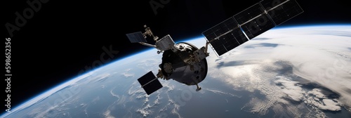 A detailed image of a satellite in orbit  with the curvature of the earth visible in the background  concept of Space technology  created with Generative AI technology Generative AI