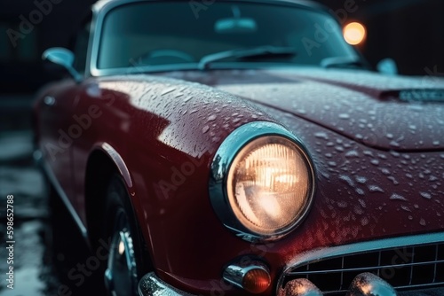 Raindrops on the hood of a red car. Generative ai.