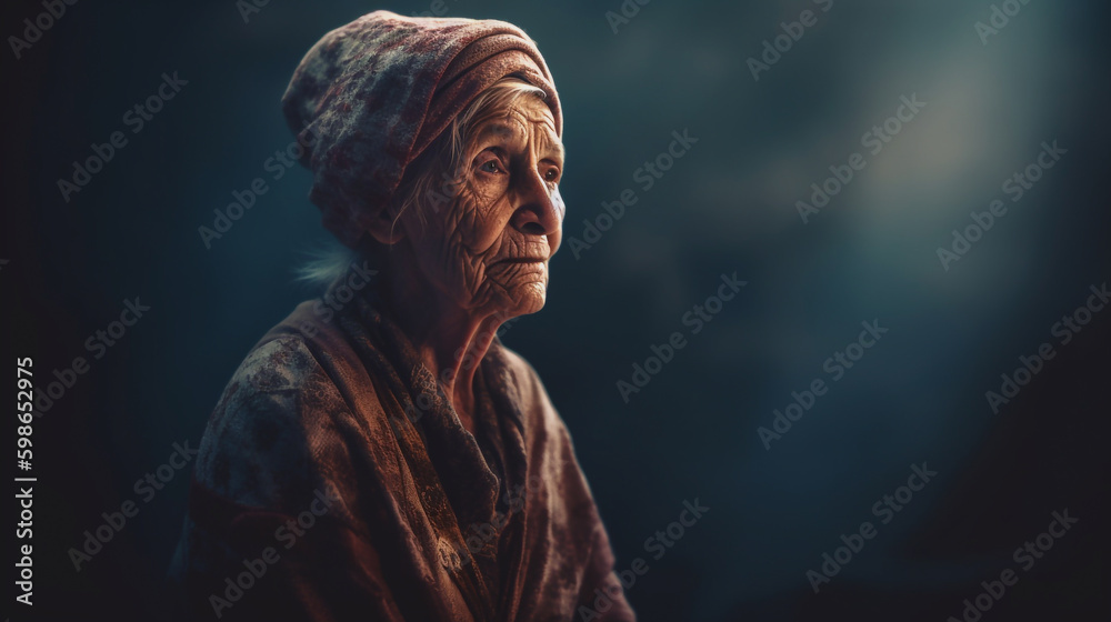 Thoughtful elderly woman stands alone - ai generative Thoughtful elderly woman stands alone - ai generative