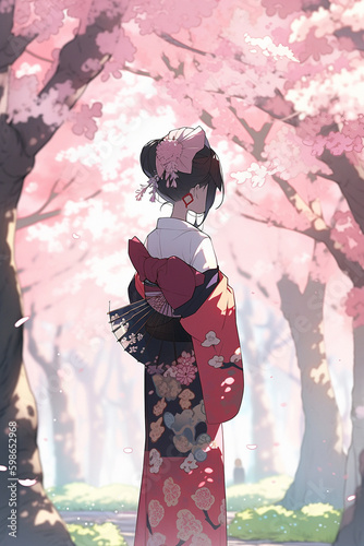 Generative ai. Geisha in blooming sakura garden anime illustration.