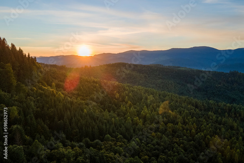 Aerial view of foggy evening over high peaks with dark pine forest trees at bright sunset. Amazing scenery of wild mountain woodland at dusk © bilanol