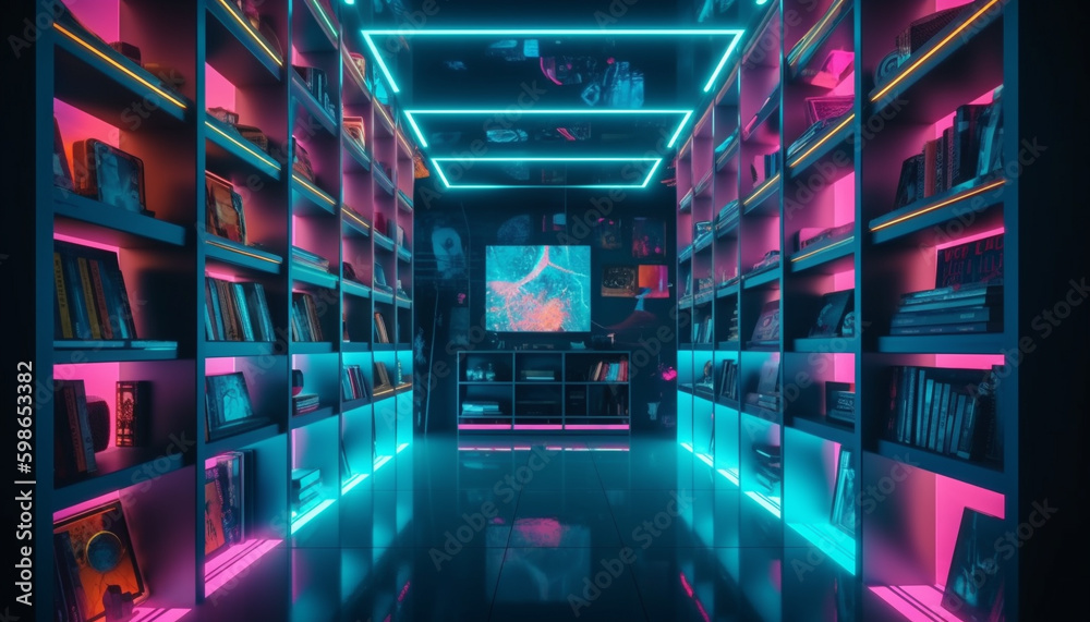 Futuristic library with glowing bookshelves at night generated by AI Futuristic library with glowing bookshelves at night generated by AI