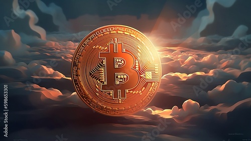 Bitcoin in sky rising, price rise, bullish trend, AI generated