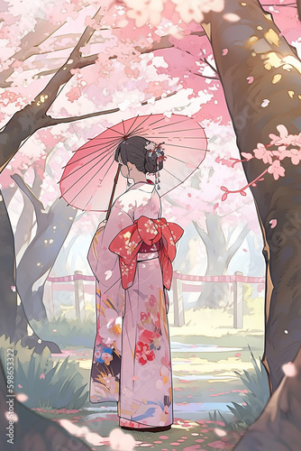 Generative ai. Geisha in blooming sakura garden anime illustration.