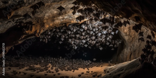 A colony of bats hanging upside down in a cave, concept of Chiroptophobia, created with Generative AI technology Generative AI photo