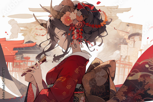 Generative ai. Geisha anime illustration photo