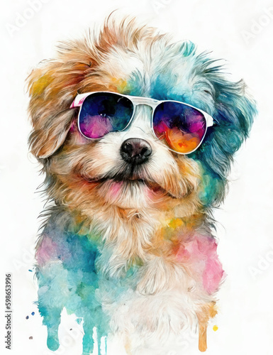 Watercolor Bichon Dog with Sun Glasses Illustration Isolated on White Background. Colorful Digital Animal Art © CG Design