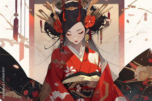 Generative ai. Geisha anime illustration photo