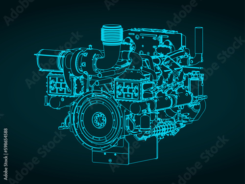 Heavy duty marine diesel engine isometric blueprint