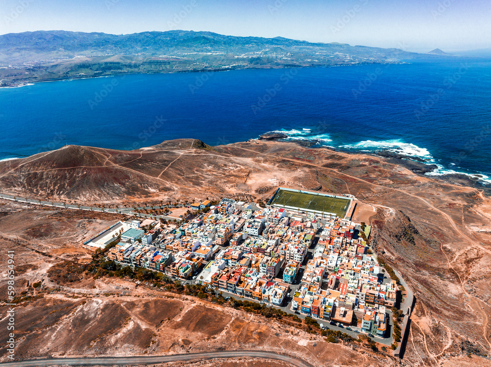 Aerial image of the colourful town of Los Colorados on Gran Canaria, Spain