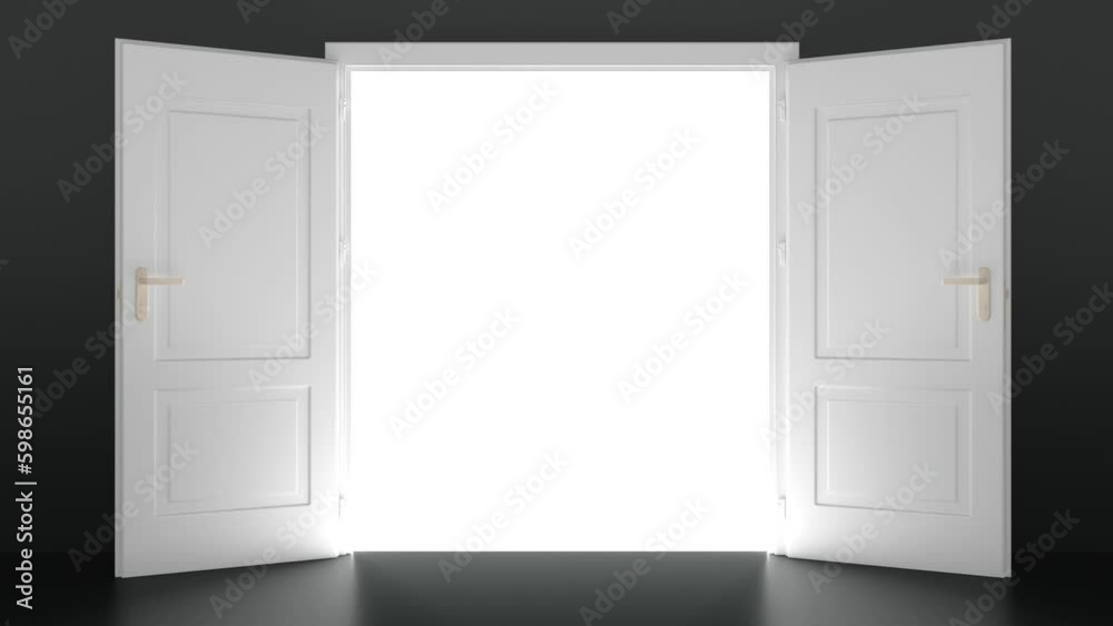 4K Video. White room, bright white light shining behind the opening door, flight forward, entering inside the doorway. Door opening to the bright light. Modern minimal concept. 4K Video. White room, bright white light shining behind the opening door, flight forward, entering inside the doorway. Door opening to the bright light. Modern minimal concept.