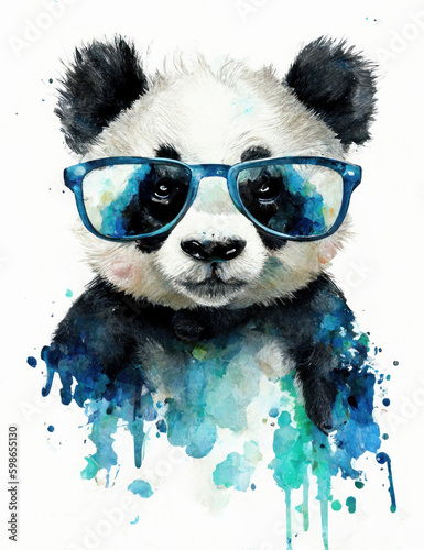 Watercolor Panda Bear with Sun Glasses Illustration Isolated on White Background. Colorful Digital Animal Art