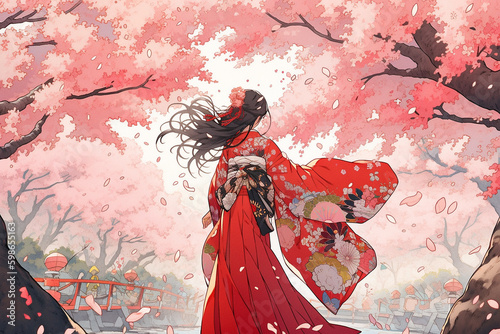 Generative ai. Geisha in blooming sakura garden anime illustration.