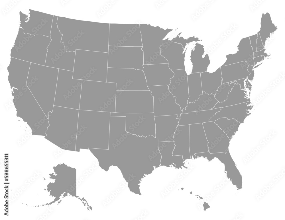 USA map with states, United States of America map. Isolated map of USA in grey color.