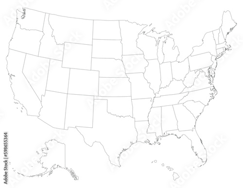 USA map with states, United States of America map. Isolated map of USA in white color. Vector 