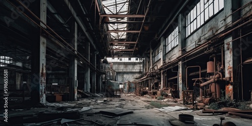 An abandoned factory, representing the loss of jobs due to automation and outsourcing, concept of Industrial decline, created with Generative AI technology Generative AI