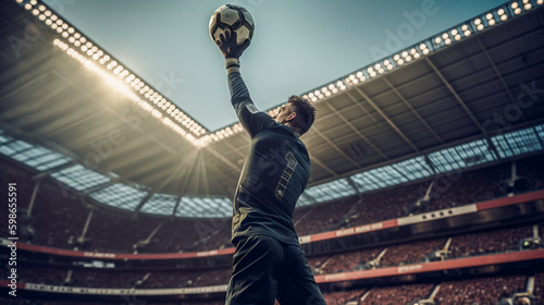 Foto A soccer goalkeeper taking the ball in the air with the stadium and fans in the