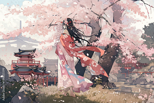 Generative ai. Geisha in blooming sakura garden anime illustration.