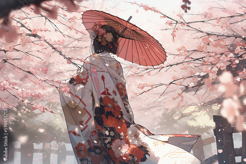 Generative ai. Geisha in blooming sakura garden anime illustration.