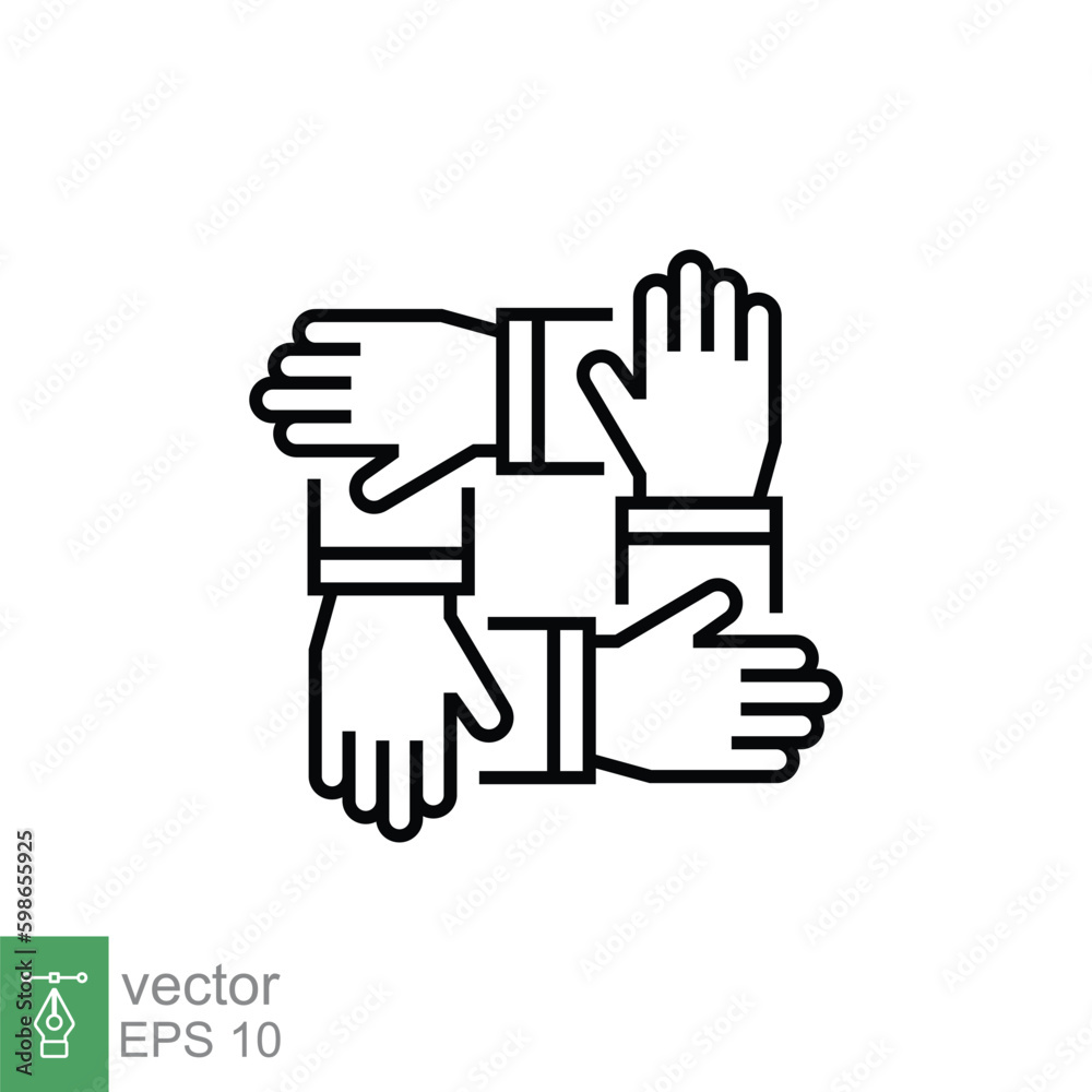 Handshake in circle icon. Simple outline style. Hand team work, support, together, four, 4, teamwork concept. Thin line symbol. Vector symbol illustration isolated on white background. EPS 10. Handshake in circle icon. Simple outline style. Hand team work, support, together, four, 4, teamwork concept. Thin line symbol. Vector symbol illustration isolated on white background. EPS 10.