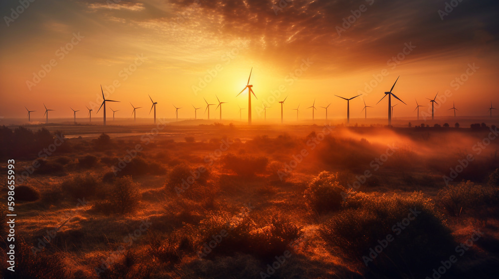 Obraz premium Wind turbines of a large power generation plant at sunset - ai generative