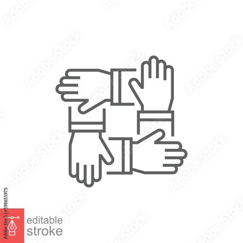 Handshake in circle icon. Simple outline style. Hand team work  support  four  4  teamwork concept. Thin line symbol. Vector symbol illustration isolated on white background. Editable stroke EPS 10.